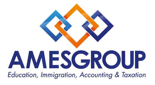 PNG. The AMES Group Logo. With the usual orange and blue color scheme. "AMES Group: Education, Immigration, Accounting, and Taxation. With Transparent BG.