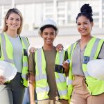 Architecture, women construction team and diversity in portrait, contractor group with smile at building site. Architect, engineering female with solidarity and trust in collaboration with builder.